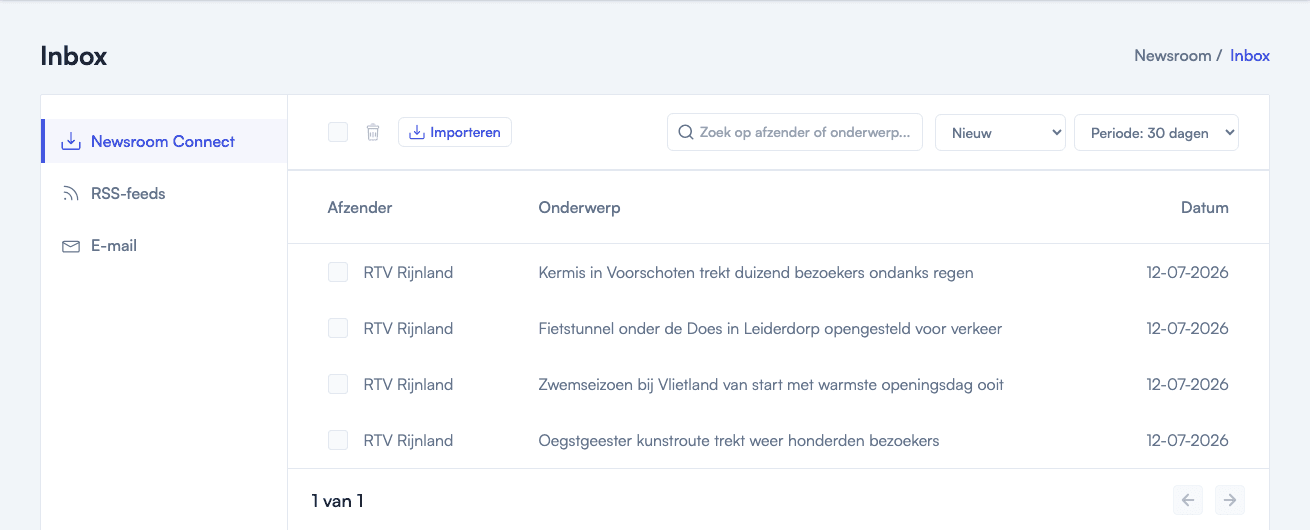 Newsroom: inbox met berichten van een gekoppelde omroep