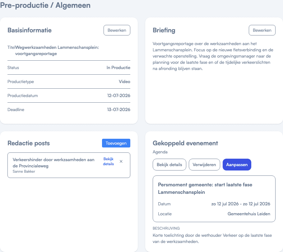 Newsroom: productie met briefing, posts en gekoppeld evenement